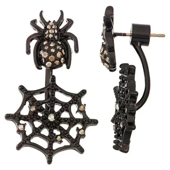 VERA WANG Goth Halloween Spider Web Black Hematite Crystal Front Back Earrings - Picture 1 of 4